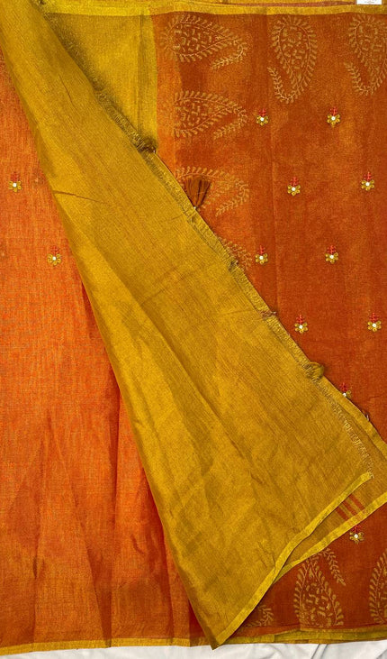Orange Tissue Silk Saree with Gold Zari Motifs & Contrast Pallu |DS29_1