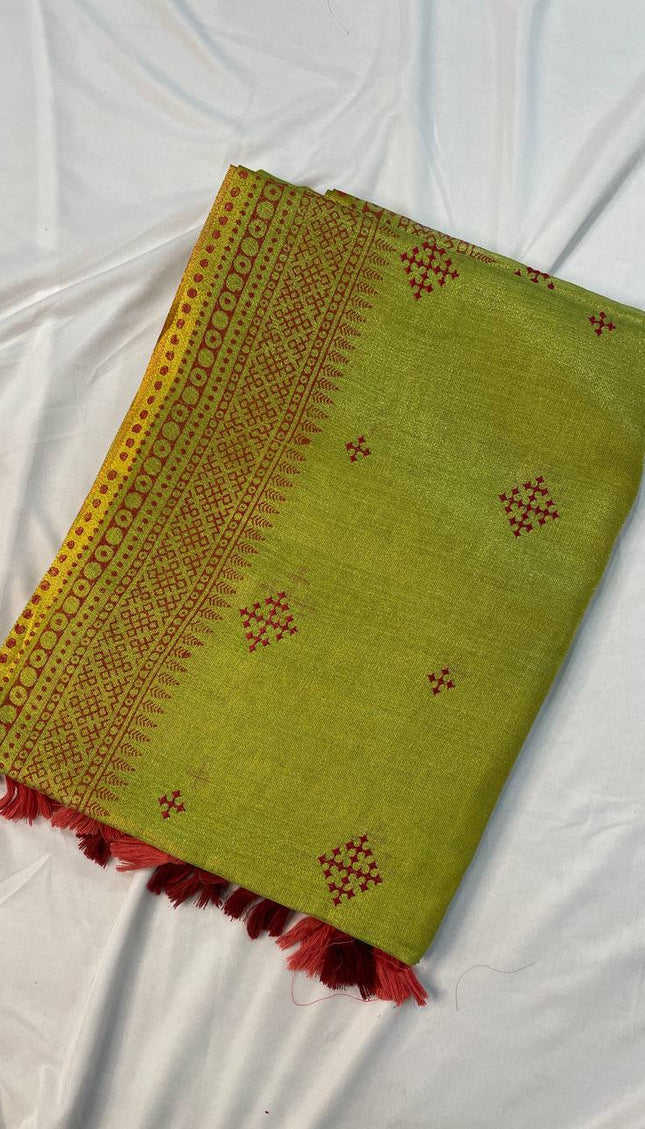 Green Tissue Silk Office Wear Saree with Contrast Orange Pallu & Zari Border |DS29_3