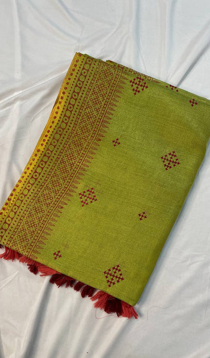 Green Tissue Silk Office Wear Saree with Contrast Orange Pallu & Zari Border |DS29_3