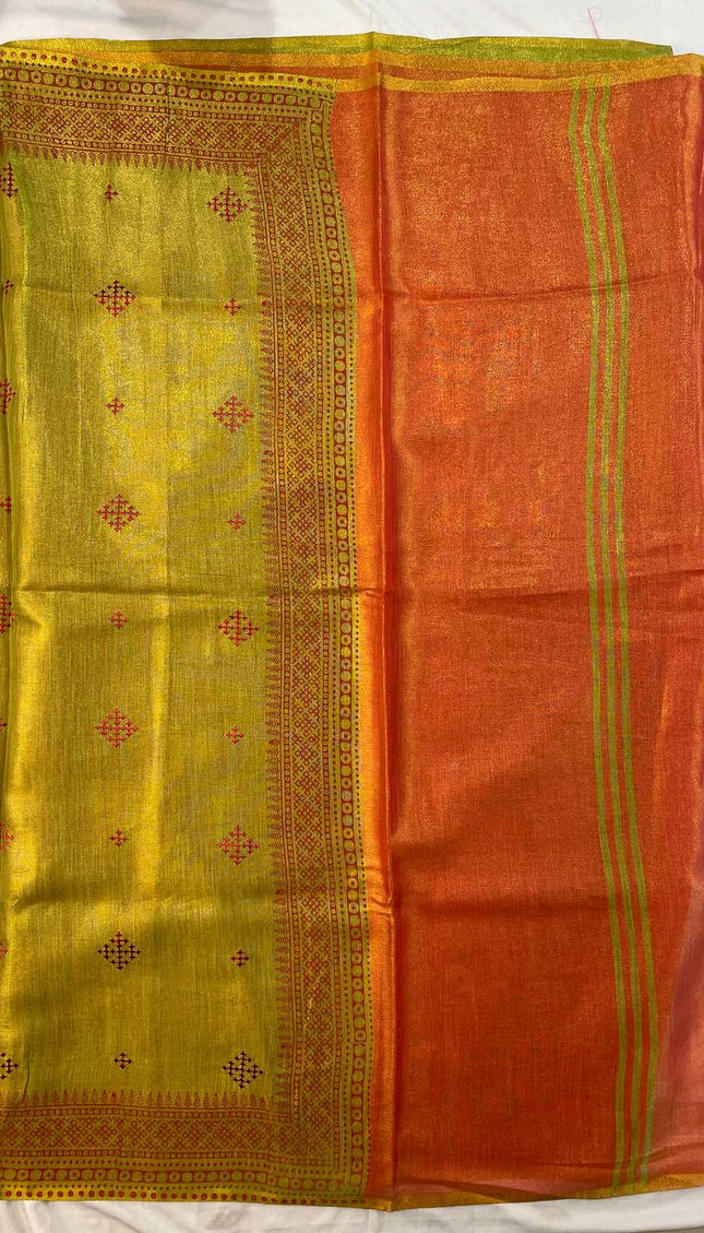Green Tissue Silk Office Wear Saree with Contrast Orange Pallu & Zari Border |DS29_3