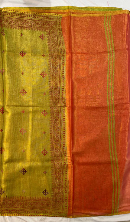 Green Tissue Silk Office Wear Saree with Contrast Orange Pallu & Zari Border |DS29_3