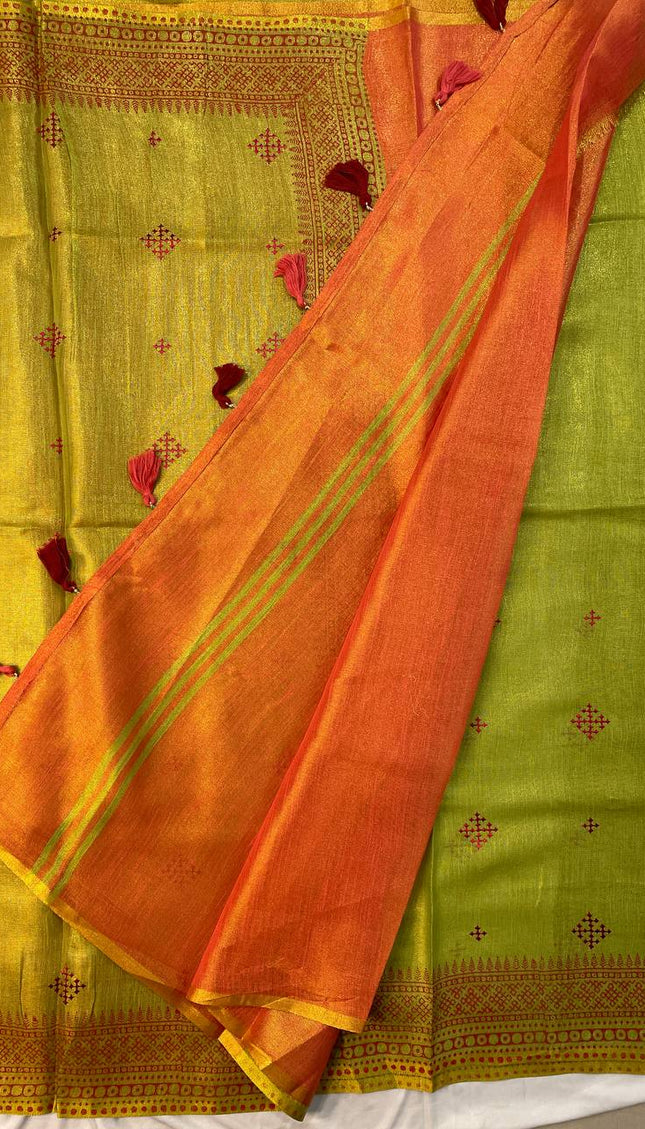 Green Tissue Silk Office Wear Saree with Contrast Orange Pallu & Zari Border |DS29_3