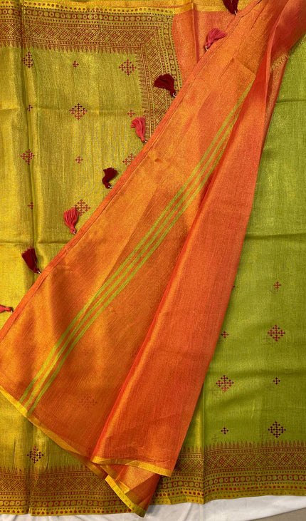 Green Tissue Silk Office Wear Saree with Contrast Orange Pallu & Zari Border |DS29_3