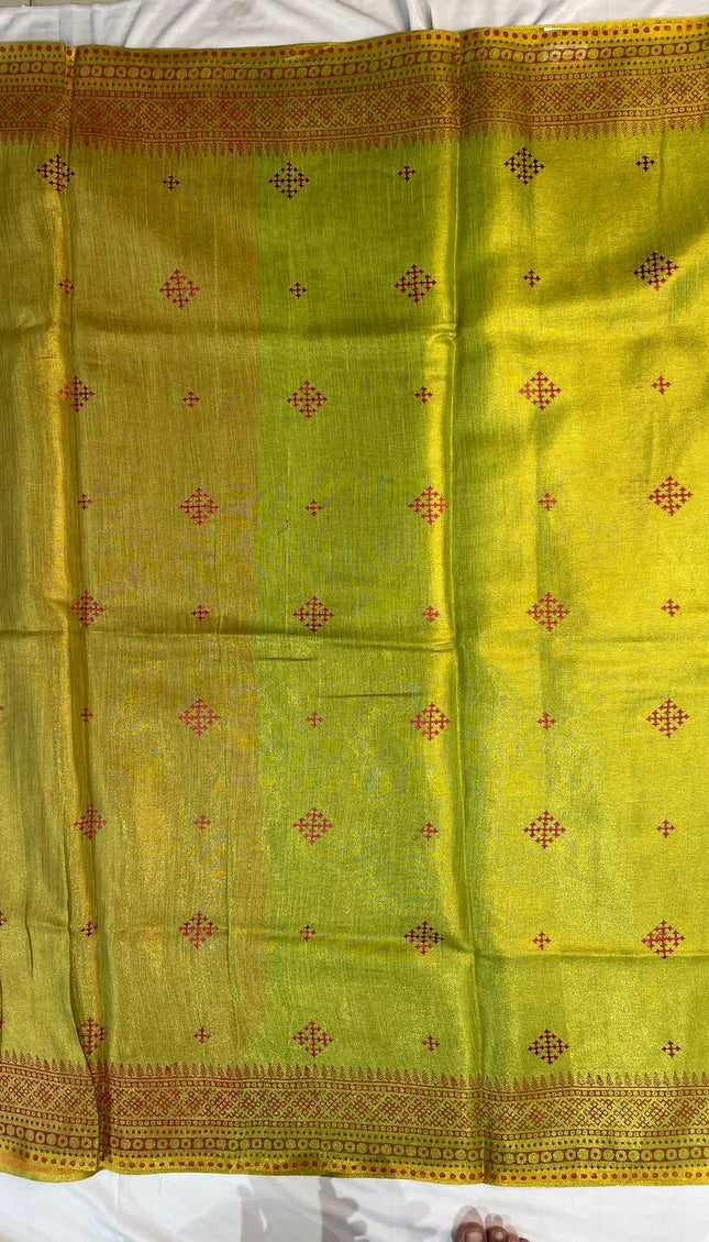 Green Tissue Silk Office Wear Saree with Contrast Orange Pallu & Zari Border |DS29_3