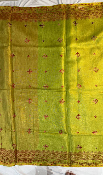Green Tissue Silk Office Wear Saree with Contrast Orange Pallu & Zari Border |DS29_3