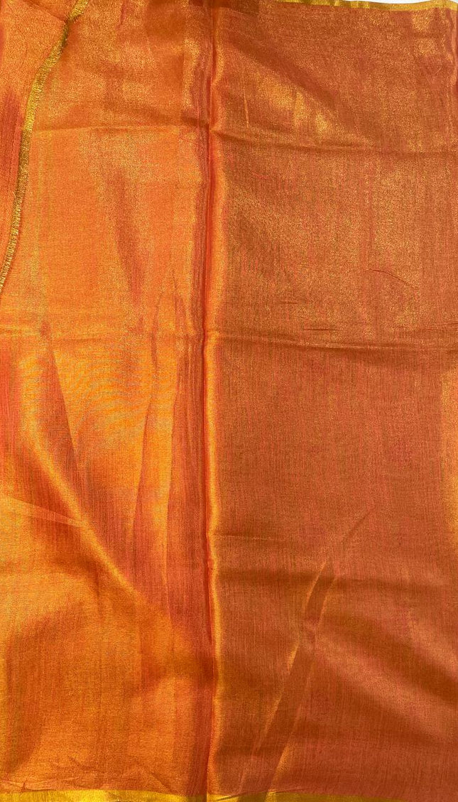 Green Tissue Silk Office Wear Saree with Contrast Orange Pallu & Zari Border |DS29_3