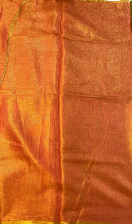 Green Tissue Silk Office Wear Saree with Contrast Orange Pallu & Zari Border |DS29_3
