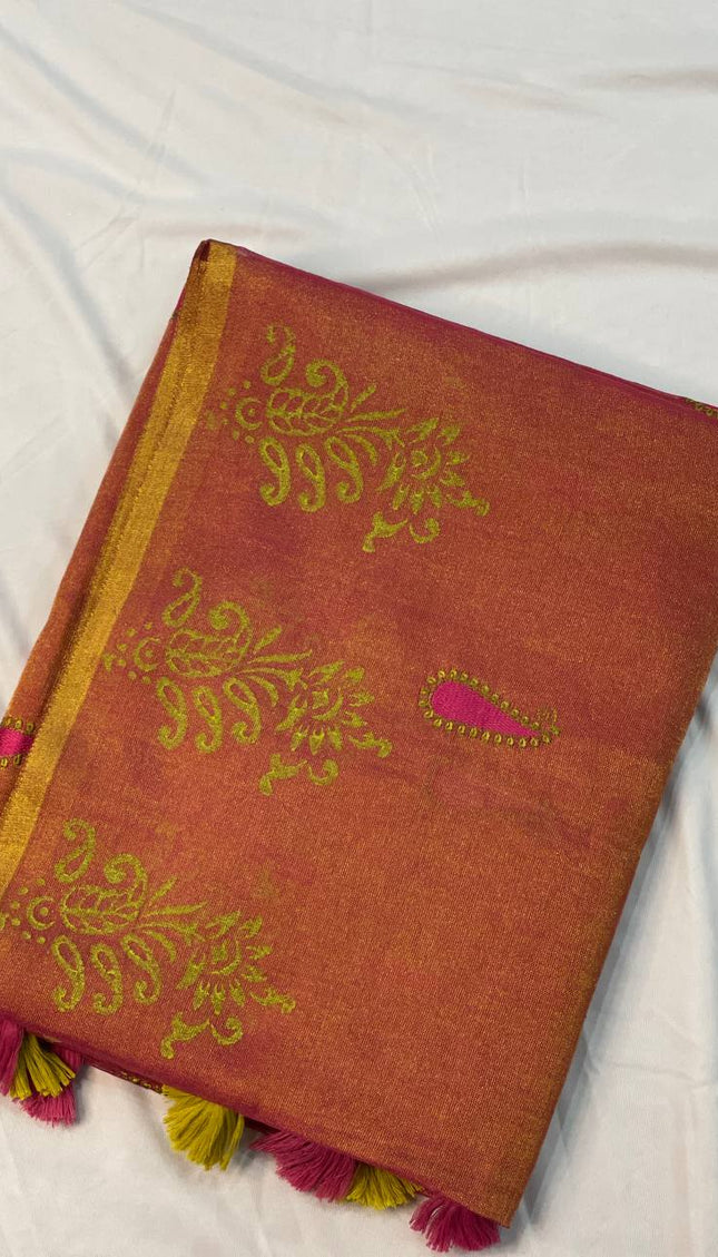 Rose Pink Tissue Silk Saree with Zari Motifs & Traditional Border |DS29_2