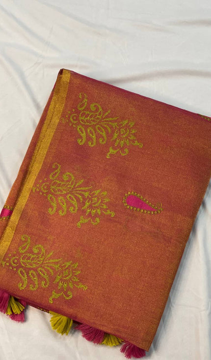Rose Pink Tissue Silk Saree with Zari Motifs & Traditional Border |DS29_2