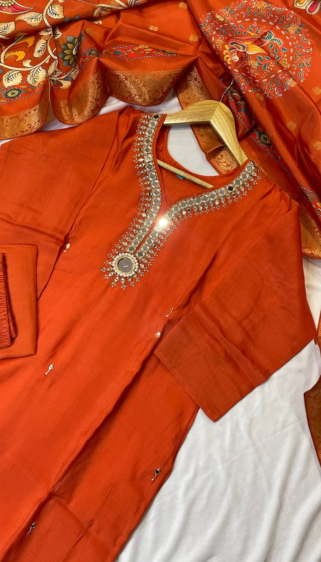 Orange Embroidered Kurta Set with Kalamkari Dupatta |SC13