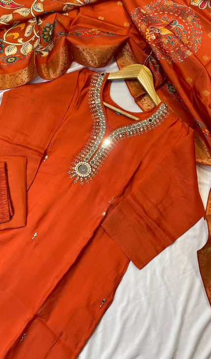 Orange Embroidered Kurta Set with Kalamkari Dupatta |SC13