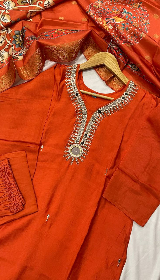 Orange Embroidered Kurta Set with Kalamkari Dupatta |SC13