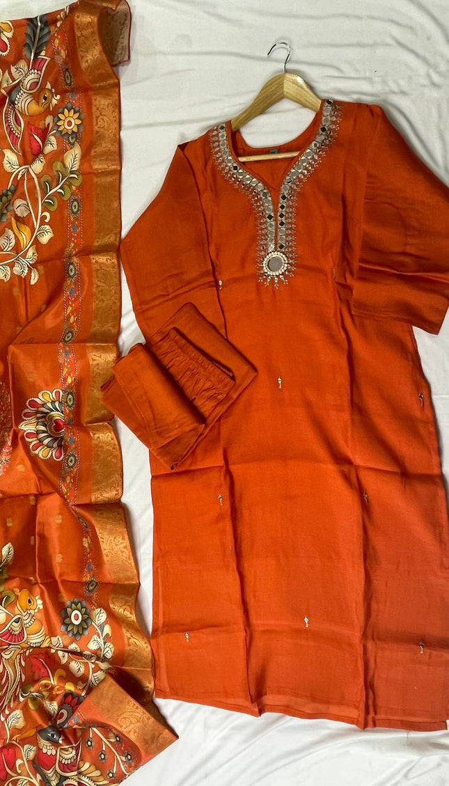 Orange Embroidered Kurta Set with Kalamkari Dupatta |SC13