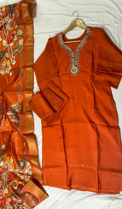 Orange Embroidered Kurta Set with Kalamkari Dupatta |SC13
