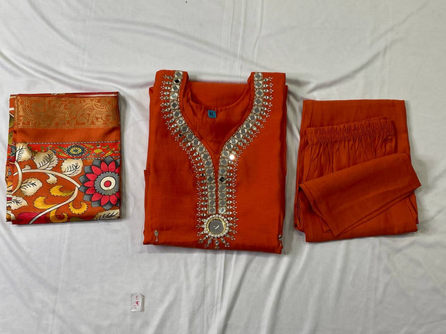 Orange Embroidered Kurta Set with Kalamkari Dupatta |SC13