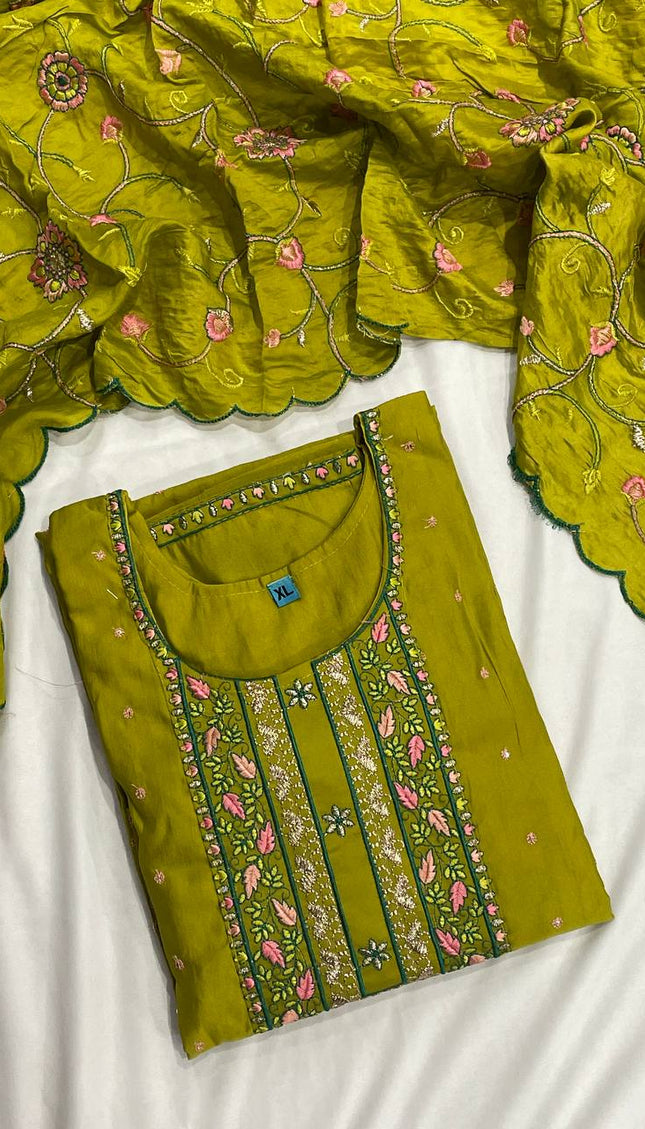 Olive Green Embroidered Kurta Set with Floral Dupatta|SC14