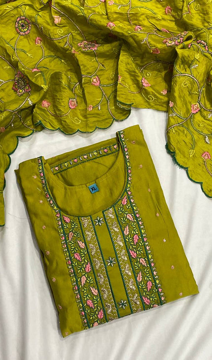 Olive Green Embroidered Kurta Set with Floral Dupatta|SC14