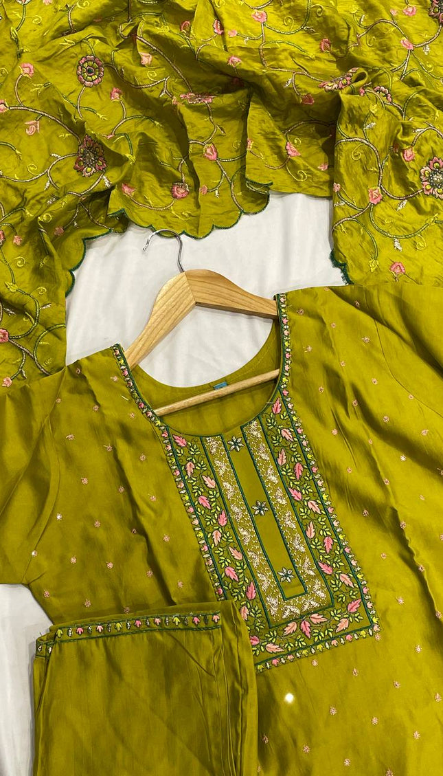 Olive Green Embroidered Kurta Set with Floral Dupatta|SC14