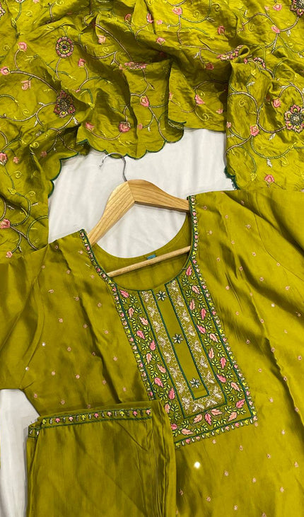 Olive Green Embroidered Kurta Set with Floral Dupatta|SC14