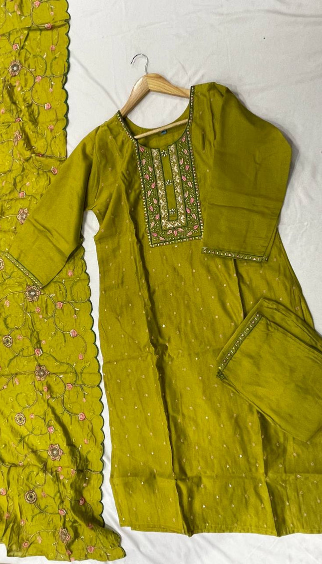Olive Green Embroidered Kurta Set with Floral Dupatta|SC14