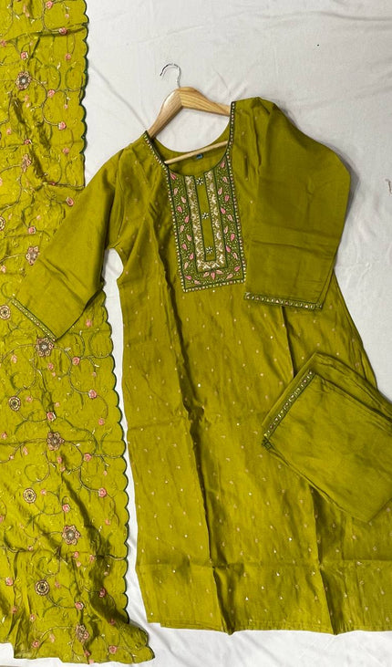Olive Green Embroidered Kurta Set with Floral Dupatta|SC14