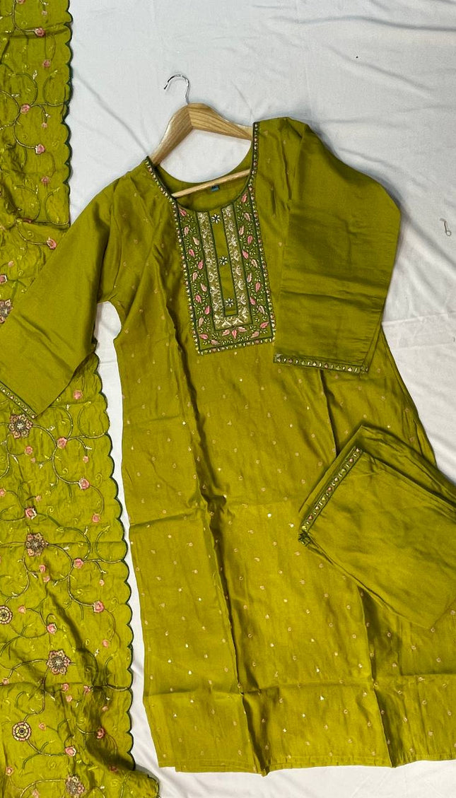 Olive Green Embroidered Kurta Set with Floral Dupatta|SC14