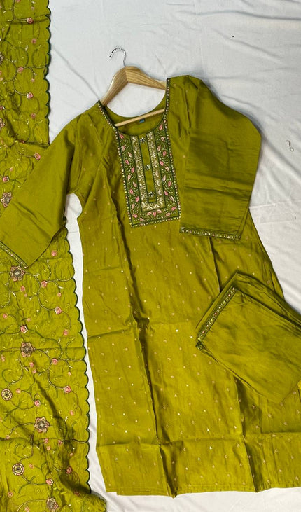 Olive Green Embroidered Kurta Set with Floral Dupatta|SC14
