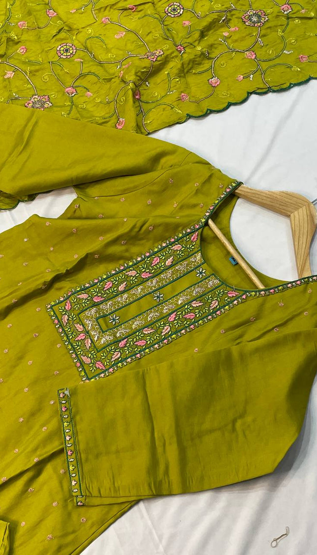 Olive Green Embroidered Kurta Set with Floral Dupatta|SC14