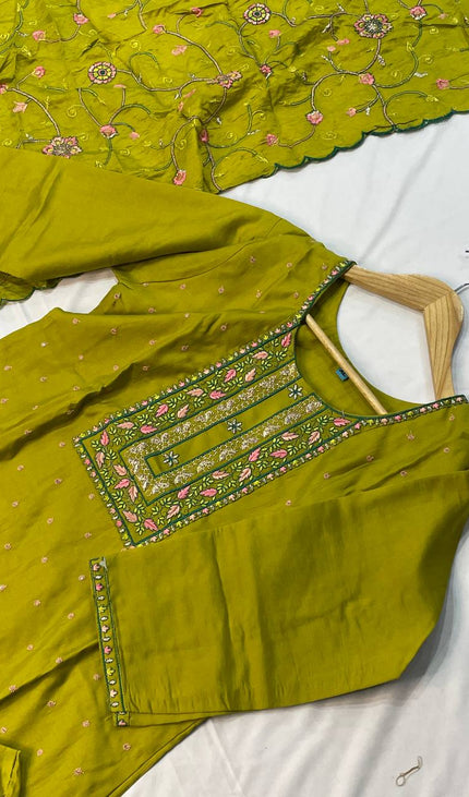 Olive Green Embroidered Kurta Set with Floral Dupatta|SC14