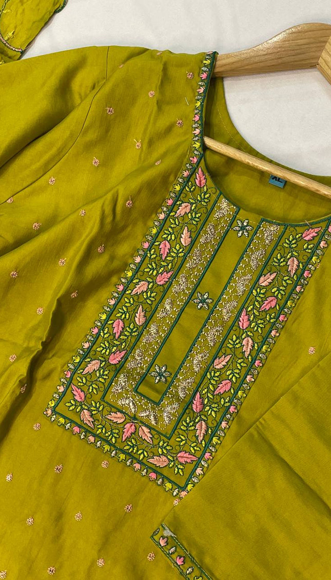 Olive Green Embroidered Kurta Set with Floral Dupatta|SC14
