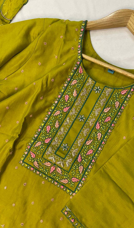 Olive Green Embroidered Kurta Set with Floral Dupatta|SC14