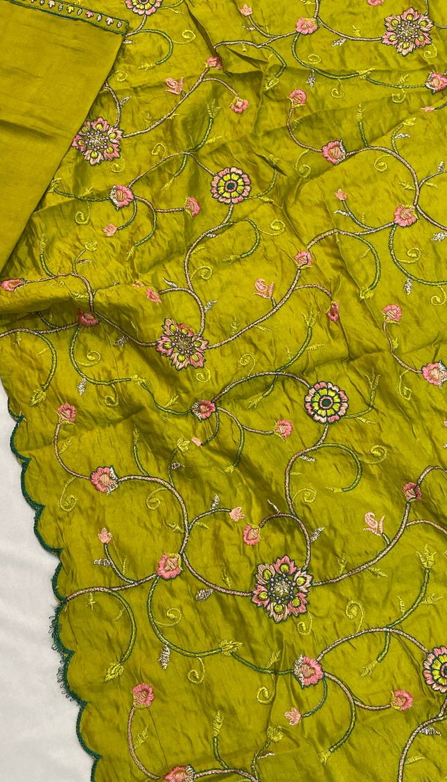 Olive Green Embroidered Kurta Set with Floral Dupatta|SC14