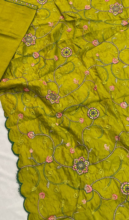 Olive Green Embroidered Kurta Set with Floral Dupatta|SC14