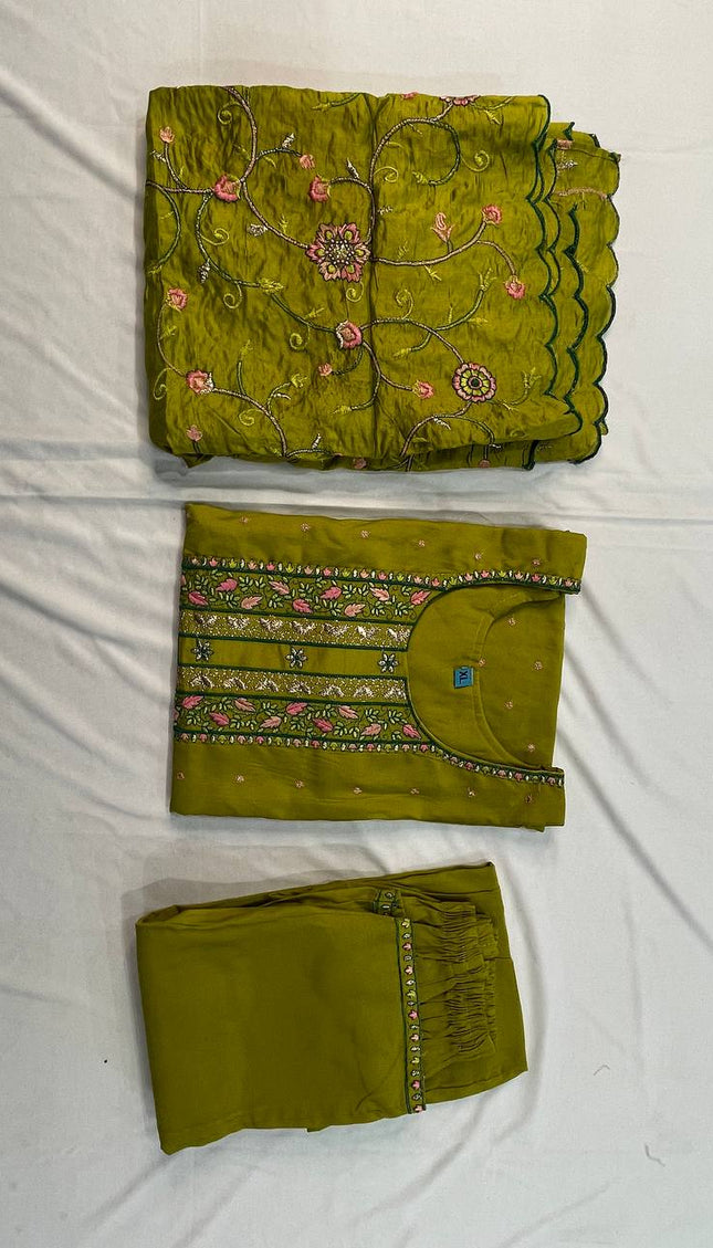 Olive Green Embroidered Kurta Set with Floral Dupatta|SC14