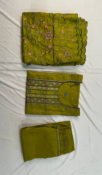 Olive Green Embroidered Kurta Set with Floral Dupatta|SC14