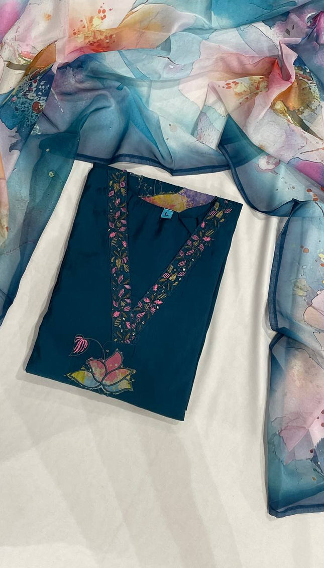 Navy Hand-Painted Lotus Kurta Set with Floral Dupatta|SC15_1
