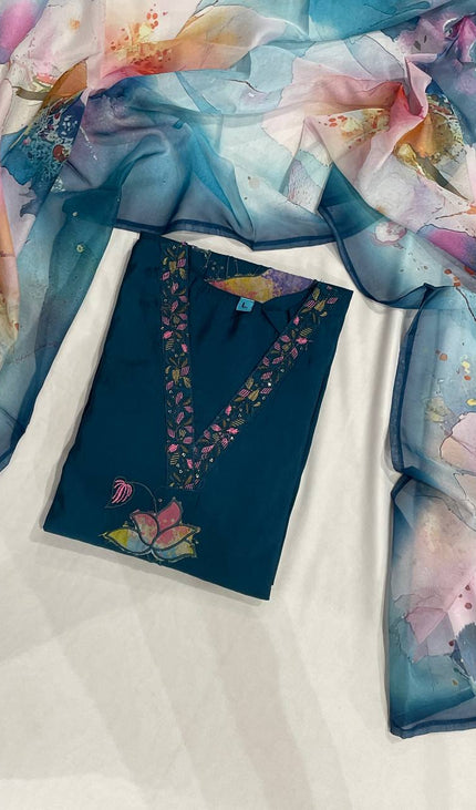 Navy Hand-Painted Lotus Kurta Set with Floral Dupatta|SC15_1