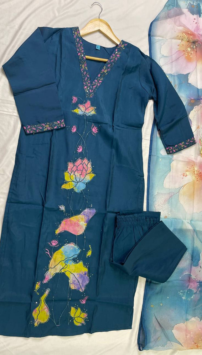 Navy Hand-Painted Lotus Kurta Set with Floral Dupatta|SC15_1