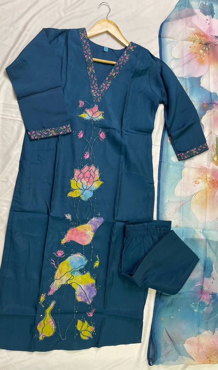 Navy Hand-Painted Lotus Kurta Set with Floral Dupatta|SC15_1