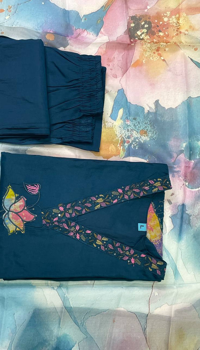Navy Hand-Painted Lotus Kurta Set with Floral Dupatta|SC15_1