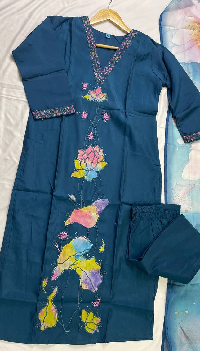 Navy Hand-Painted Lotus Kurta Set with Floral Dupatta|SC15_1