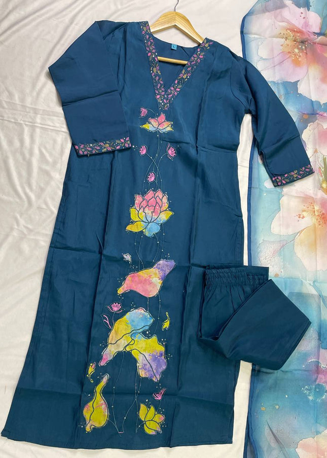 Navy Hand-Painted Lotus Kurta Set with Floral Dupatta|SC15_1
