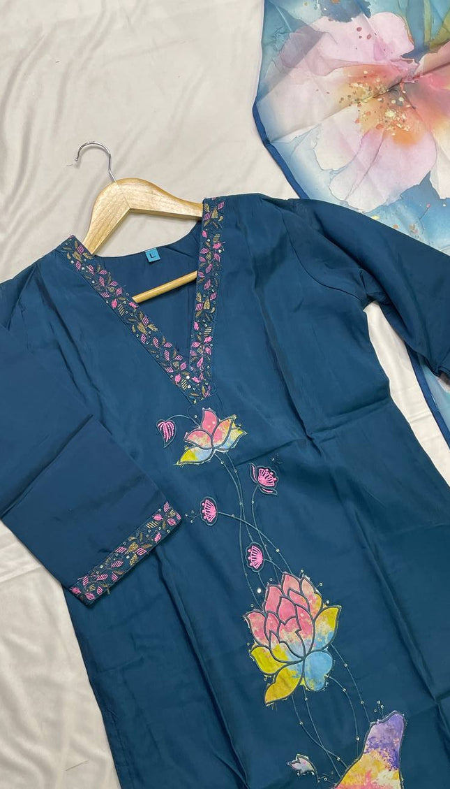 Navy Hand-Painted Lotus Kurta Set with Floral Dupatta|SC15_1