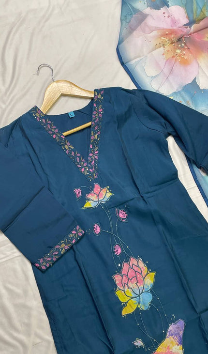 Navy Hand-Painted Lotus Kurta Set with Floral Dupatta|SC15_1