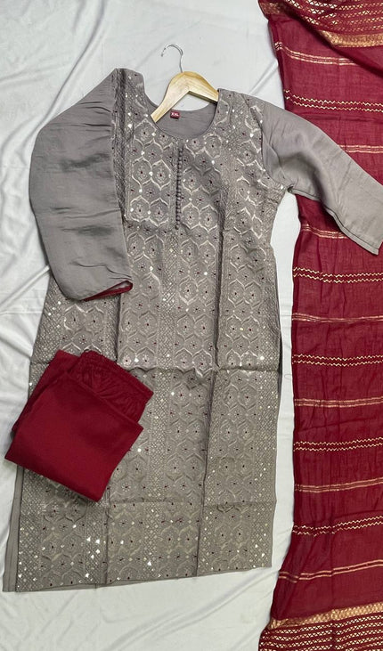 Grey Sequin & Thread Embroidered Kurta Set with Maroon Dupatta|SC18