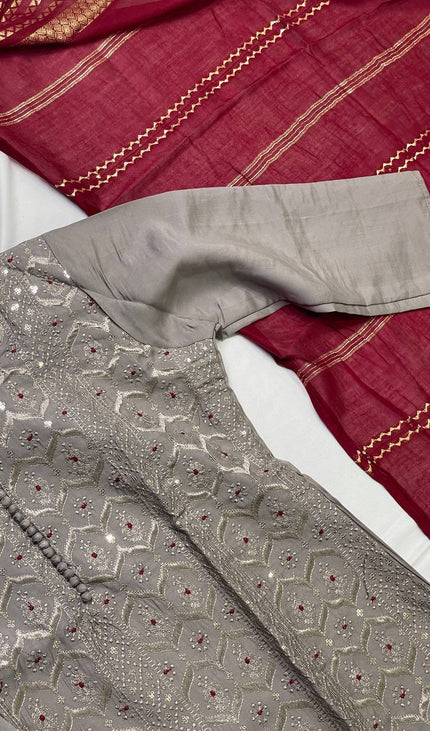 Grey Sequin & Thread Embroidered Kurta Set with Maroon Dupatta|SC18