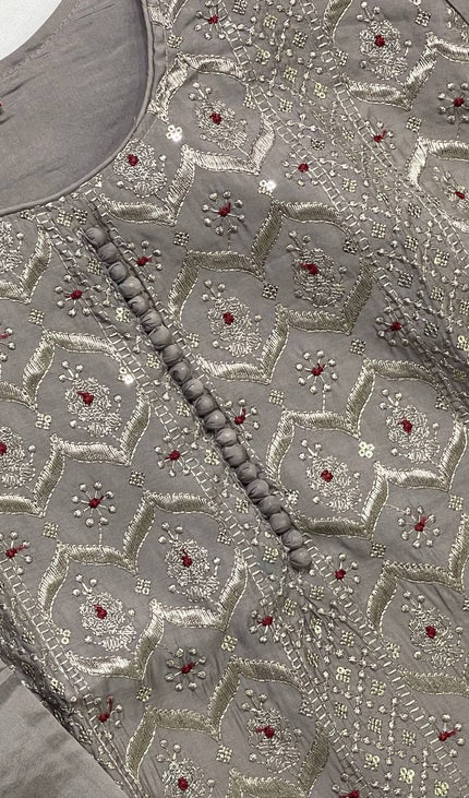 Grey Sequin & Thread Embroidered Kurta Set with Maroon Dupatta|SC18