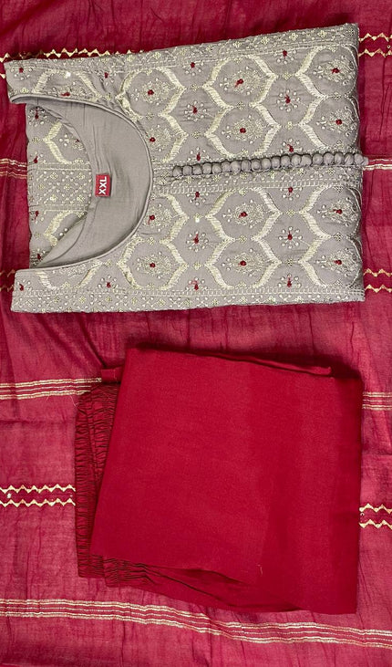 Grey Sequin & Thread Embroidered Kurta Set with Maroon Dupatta|SC18