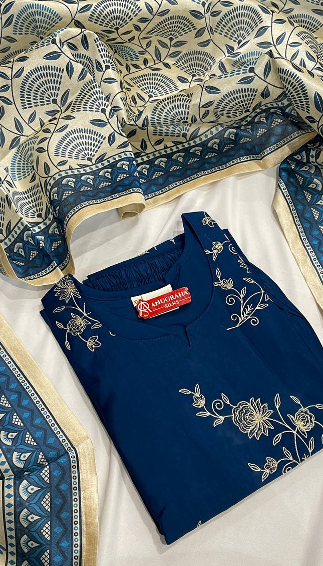 Blue All-Over Floral Embroidered Kurta Set with Printed Dupatta |SC17_1