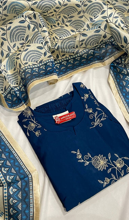 Blue All-Over Floral Embroidered Kurta Set with Printed Dupatta |SC17_1